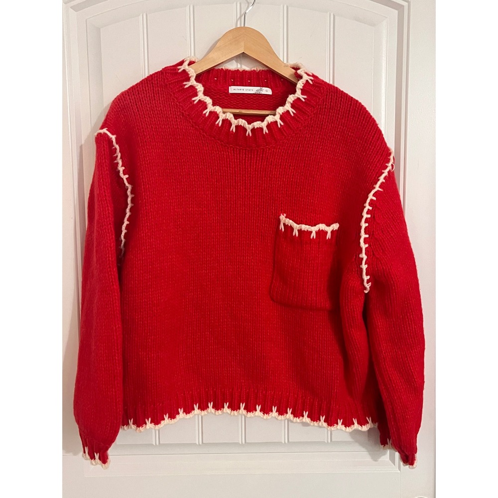 Altar'd State Chunky‎ Knit Red Contrast Stitch Boxy Sweater Womens Large
